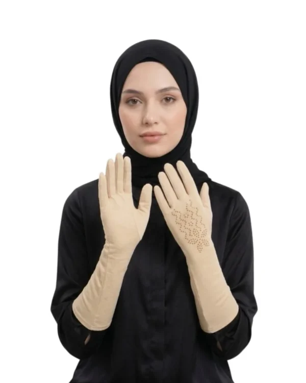 Women's Long-Cuff Modest Gloves with Floral Rhinestone Detail – Nude Beige - Image 1