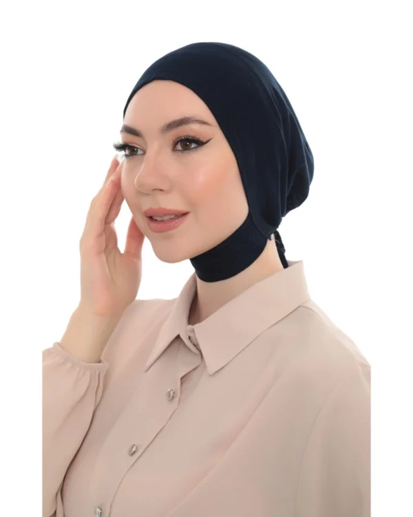 Soft Stretch Full-Coverage Neck-Tie Hijab Under-Cap – Plain Navy Blue - Image 7