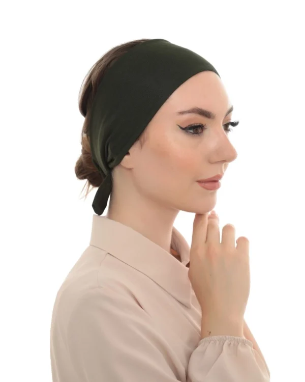 Wide-Band Tie-Back Hair Wrap Headband – Plain Khaki Green - Image 3