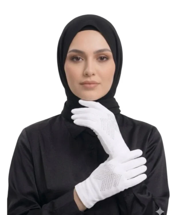 Women's Modest Stretch Gloves with Rhinestone Detail – White - Image 4