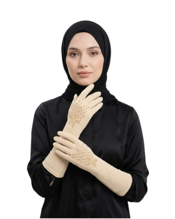 Women's Long-Cuff Modest Gloves with Floral Rhinestone Detail – Nude Beige - Image 2