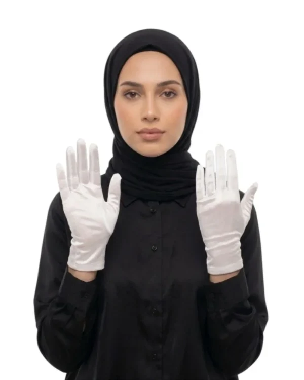 Women's Plain Satin Modest Gloves – White / Short Wrist Length - Image 3