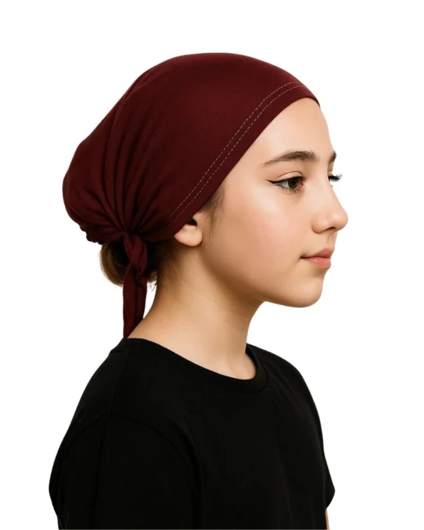 Girls' Soft Stretch Tie-Back Turban – Plain Burgundy / Deep Wine - Image 2