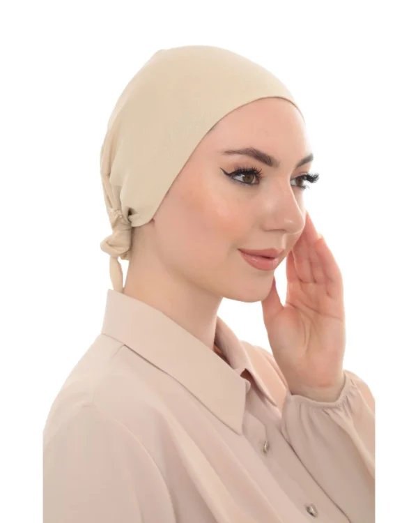 Soft Stretch Tie-Back Hijab Under-Cap – Plain Cream / Warm Beige - Image 6