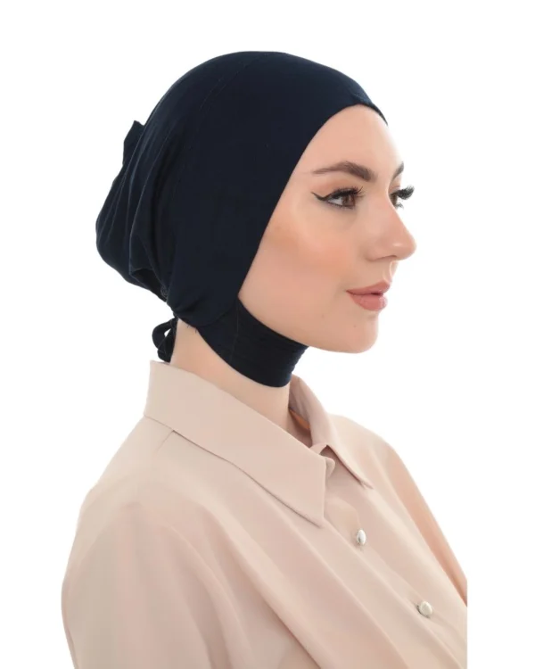 Soft Stretch Full-Coverage Neck-Tie Hijab Under-Cap – Plain Navy Blue - Image 6