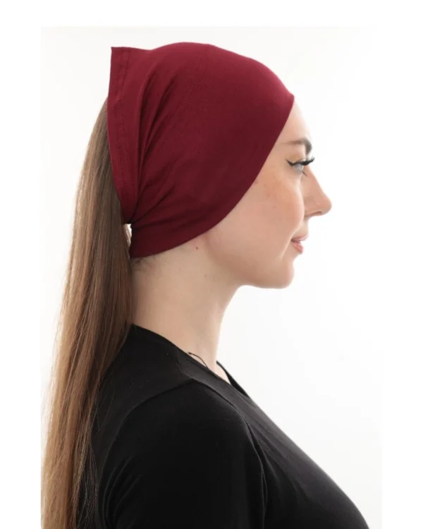 Soft Stretch Hijab Under-Cap Turban – Plain Burgundy / Deep Wine - Image 5