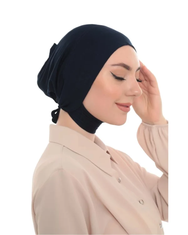 Soft Stretch Full-Coverage Neck-Tie Hijab Under-Cap – Plain Navy Blue - Image 5