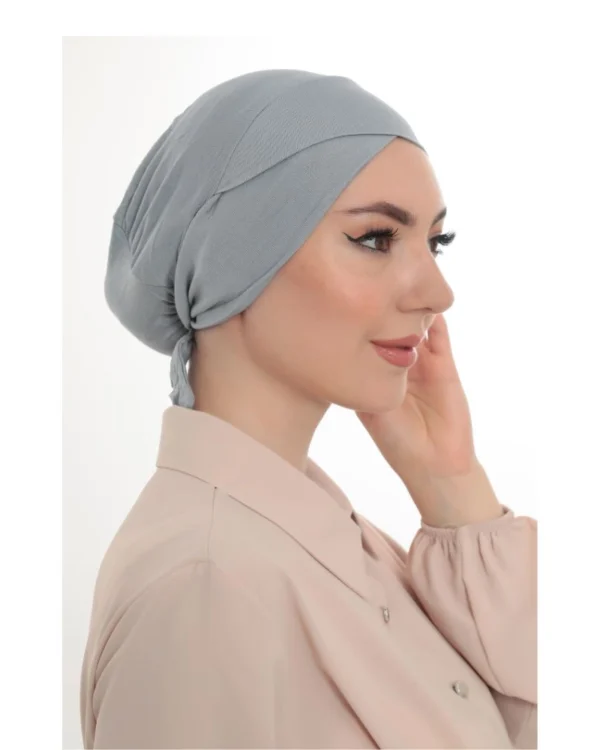 Stretch Tie-Back Hijab Under-Cap – Plain Light Blue Grey - Image 3