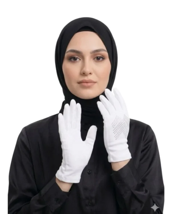 Women's Modest Stretch Gloves with Rhinestone Detail – White - Image 3