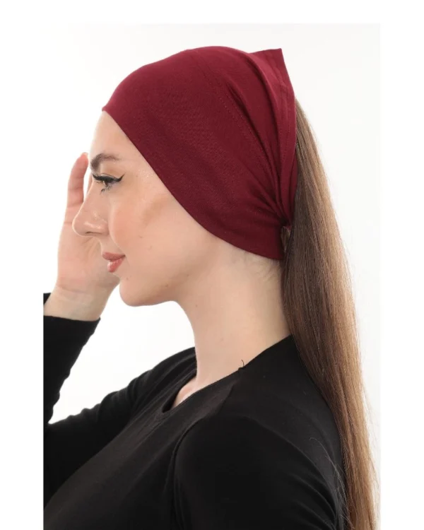 Soft Stretch Hijab Under-Cap Turban – Plain Burgundy / Deep Wine - Image 4
