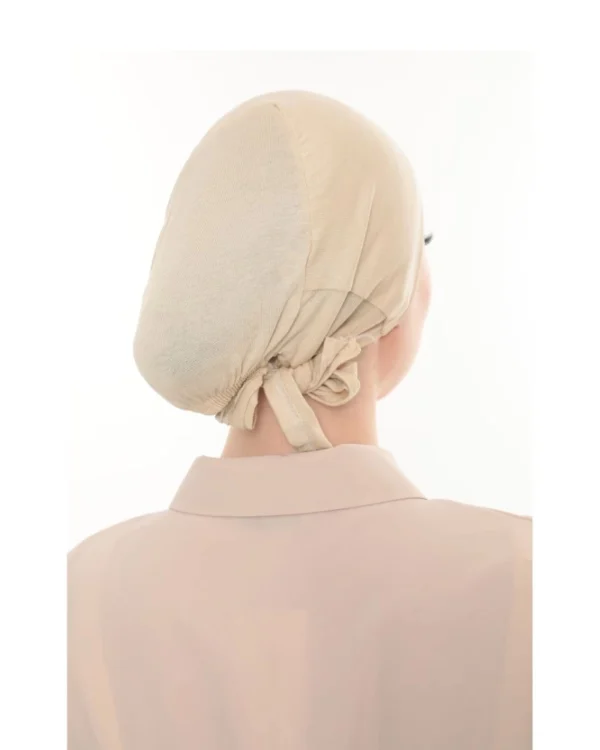 Soft Stretch Tie-Back Hijab Under-Cap – Plain Cream / Warm Beige - Image 4