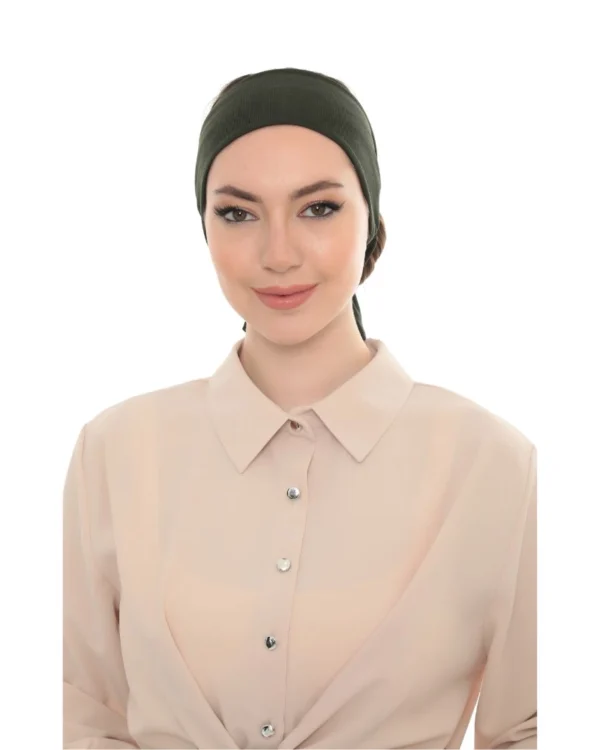 Wide-Band Tie-Back Hair Wrap Headband – Plain Khaki Green - Image 7