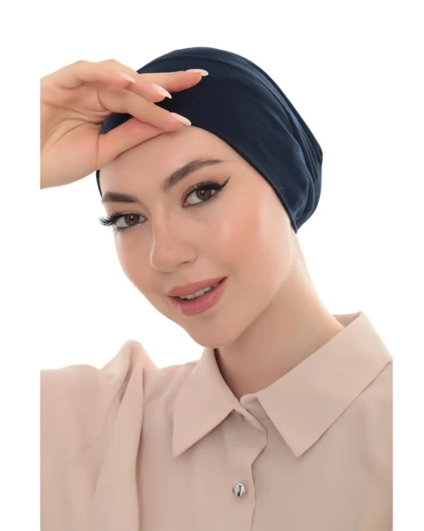 Soft Stretch Slouchy Turban Cap – Plain Navy Blue - Image 5