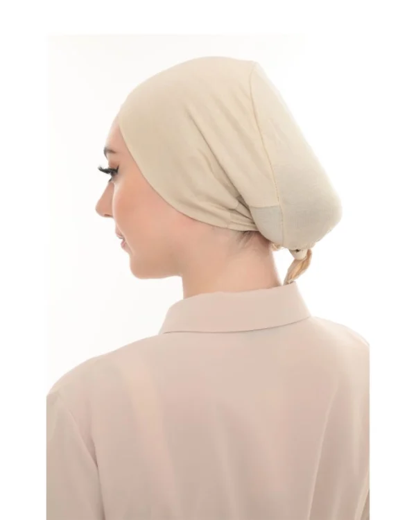 Soft Stretch Tie-Back Hijab Under-Cap – Plain Cream / Warm Beige - Image 3