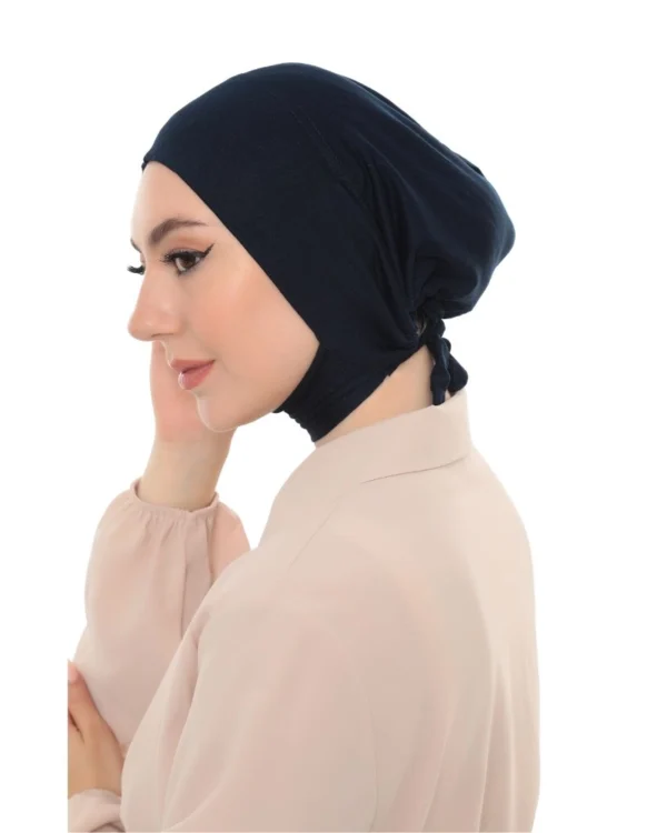 Soft Stretch Full-Coverage Neck-Tie Hijab Under-Cap – Plain Navy Blue - Image 3