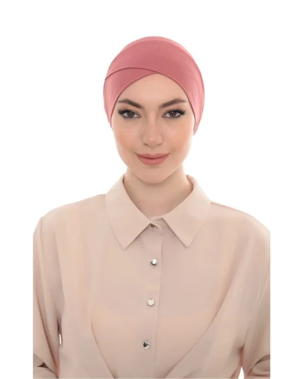 Cross-Front Elastic Back Turban Cap – Plain Dusty Rose - Image 3