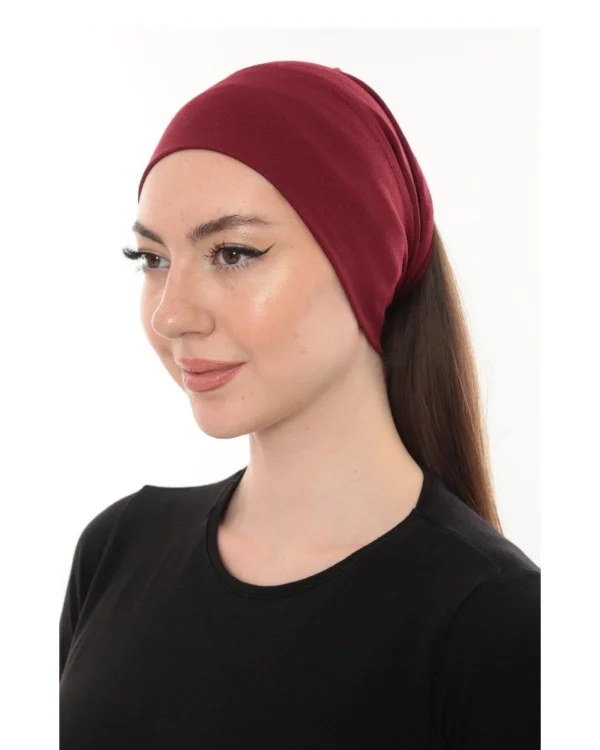 Soft Stretch Hijab Under-Cap Turban – Plain Burgundy / Deep Wine - Image 3