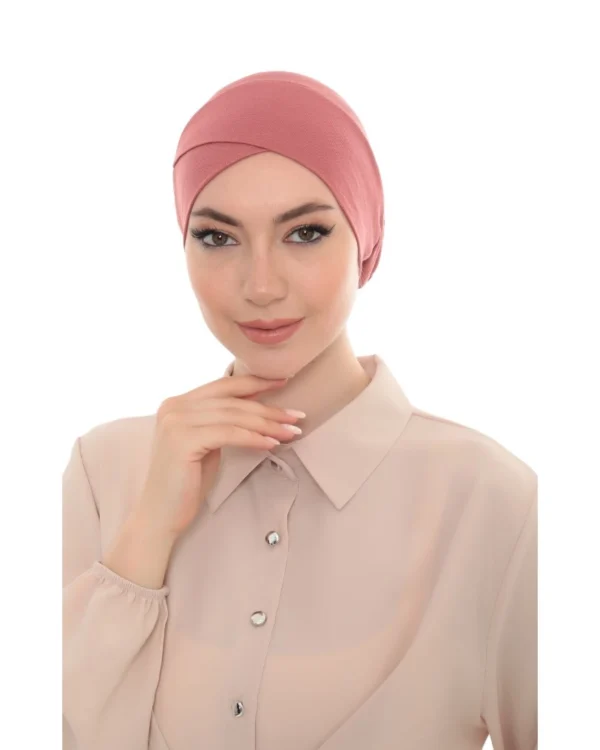 Cross-Front Elastic Back Turban Cap – Plain Dusty Rose - Image 2
