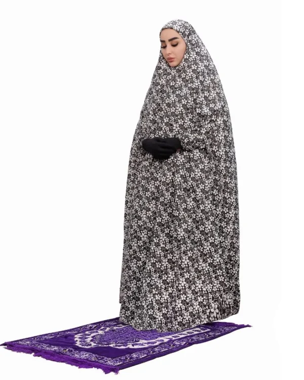 Women's Prayer Dress with Large Floral Khimar – Black & White Ditsy Floral Print