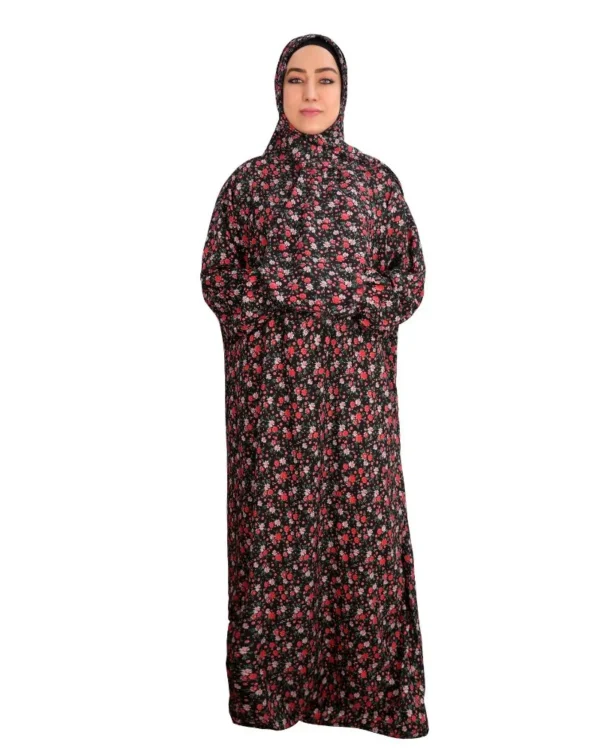 One-Piece Women's Prayer Dress with Shawl – Black Ditsy Floral Print