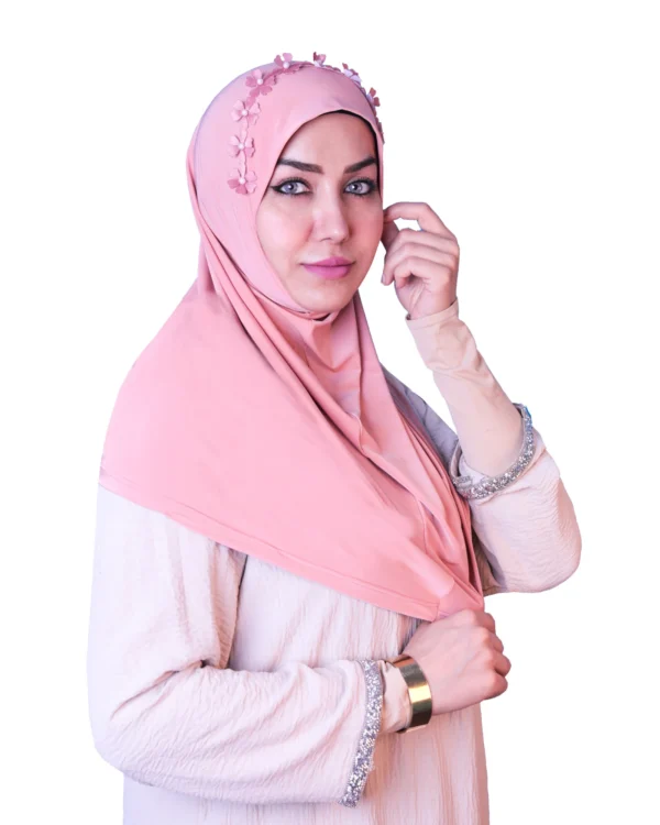 Women's Instant Khimar Bergo Hijab with 3D Floral Crown – Soft Peach Pink - Image 2