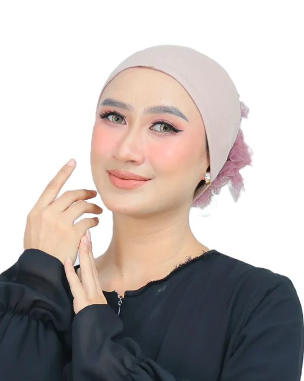Women's Indonesian Ninja Ciput Inner Cap with Tulle Flower Bun – Soft Blush Pink