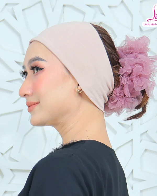 Women's Indonesian Ninja Ciput Inner Cap with Tulle Flower Bun – Soft Blush Pink - Image 2