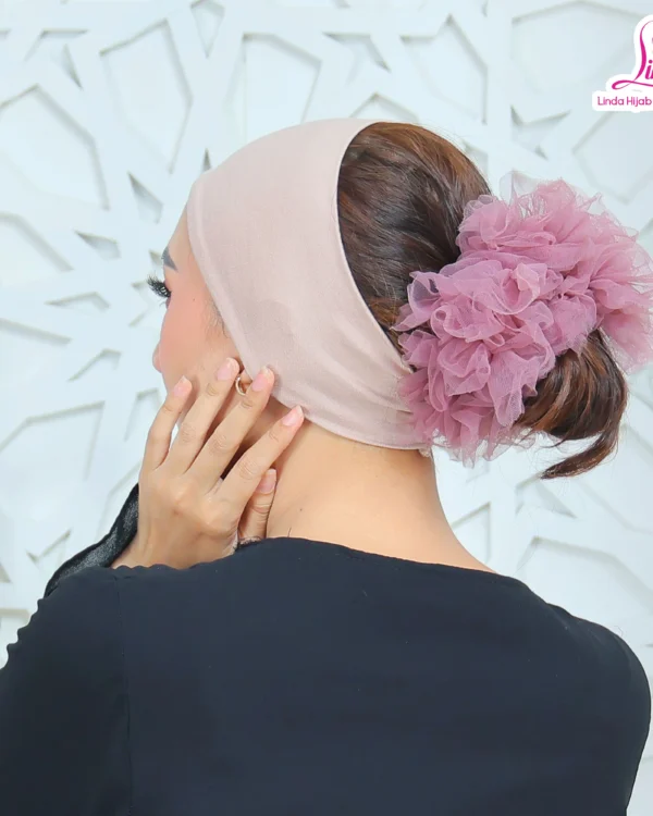 Women's Indonesian Ninja Ciput Inner Cap with Tulle Flower Bun – Soft Blush Pink - Image 3