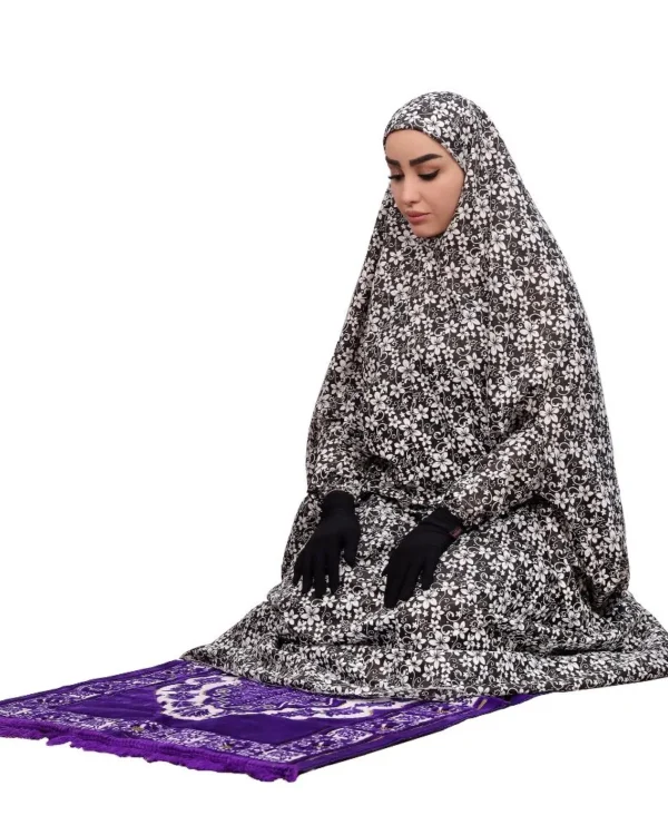 Women's Prayer Dress with Large Floral Khimar – Black & White Ditsy Floral Print - Image 2