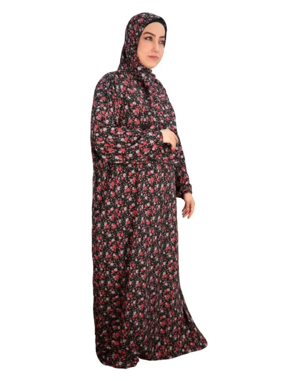 One-Piece Women's Prayer Dress with Shawl – Black Ditsy Floral Print - Image 2