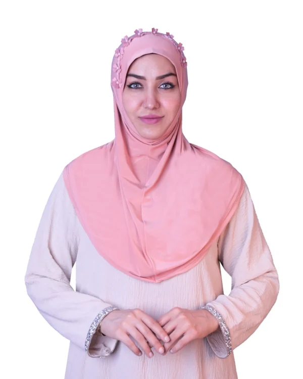 Women's Instant Khimar Bergo Hijab with 3D Floral Crown – Soft Peach Pink - Image 5