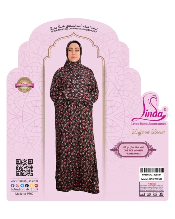 One-Piece Women's Prayer Dress with Shawl – Black Ditsy Floral Print - Image 3