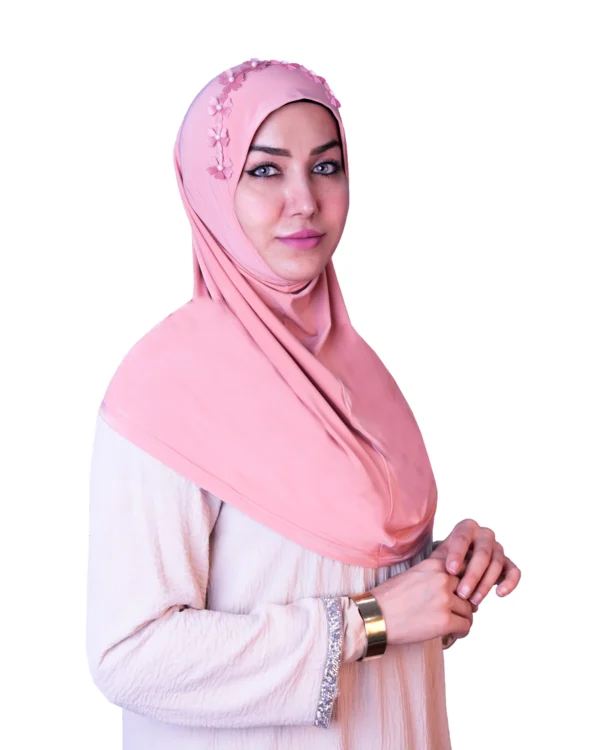 Women's Instant Khimar Bergo Hijab with 3D Floral Crown – Soft Peach Pink - Image 3