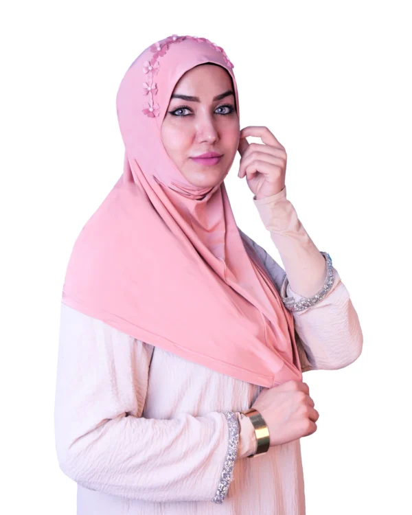 Women's Instant Khimar Bergo Hijab with 3D Floral Crown – Soft Peach Pink - Image 6