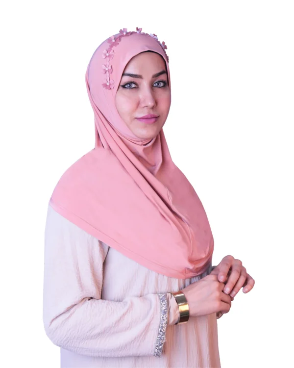 Women's Instant Khimar Bergo Hijab with 3D Floral Crown – Soft Peach Pink - Image 4