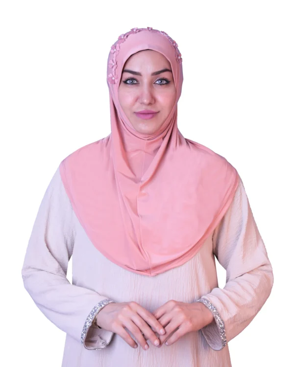 Women's Instant Khimar Bergo Hijab with 3D Floral Crown – Soft Peach Pink