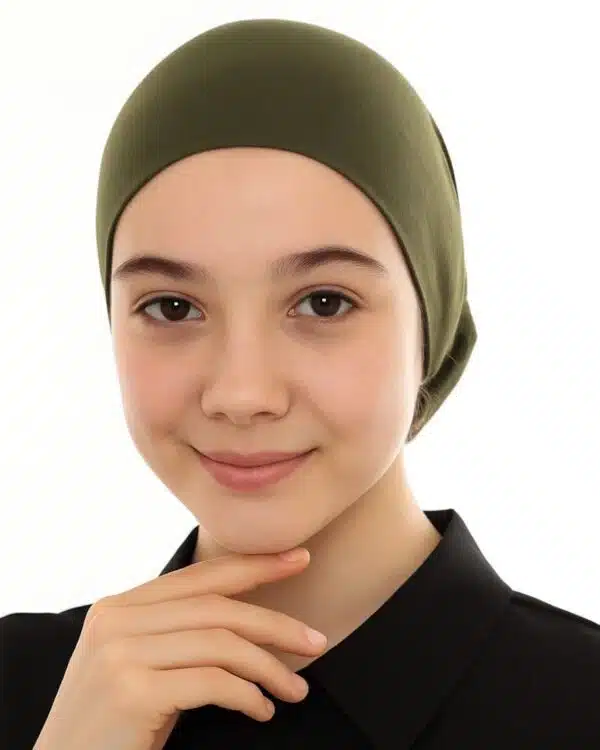 Junior Pull-On Hijab Under-Cap – Plain Olive Green / Girls' Size - Image 15