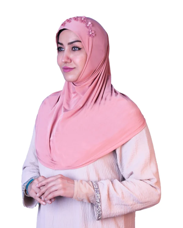 Women's Instant Khimar Bergo Hijab with 3D Floral Crown – Soft Peach Pink - Image 8