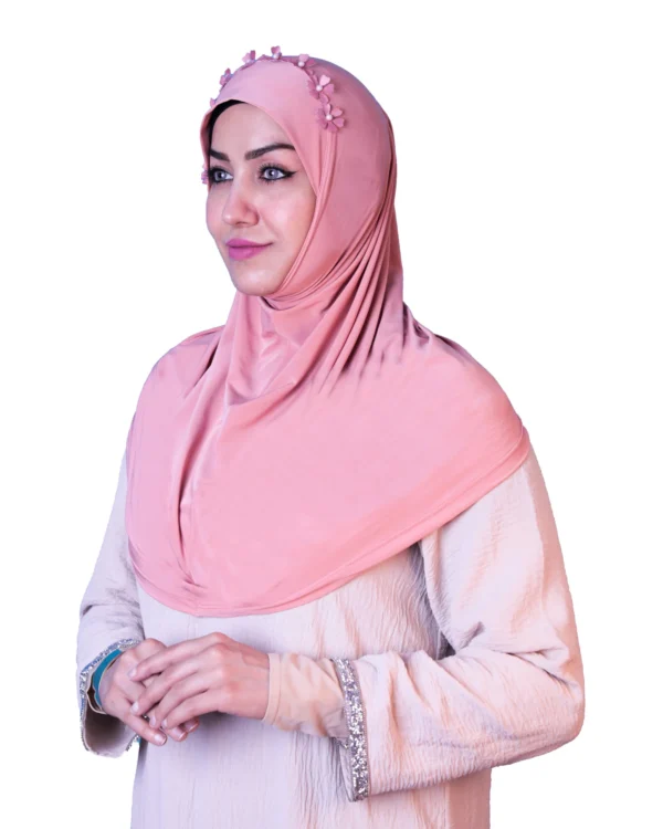 Women's Instant Khimar Bergo Hijab with 3D Floral Crown – Soft Peach Pink - Image 9