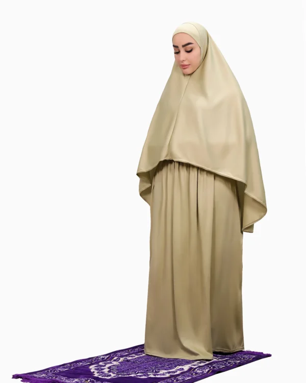 Women's Two-Piece Prayer Dress Set with Large Khimar – Golden Beige - Image 2