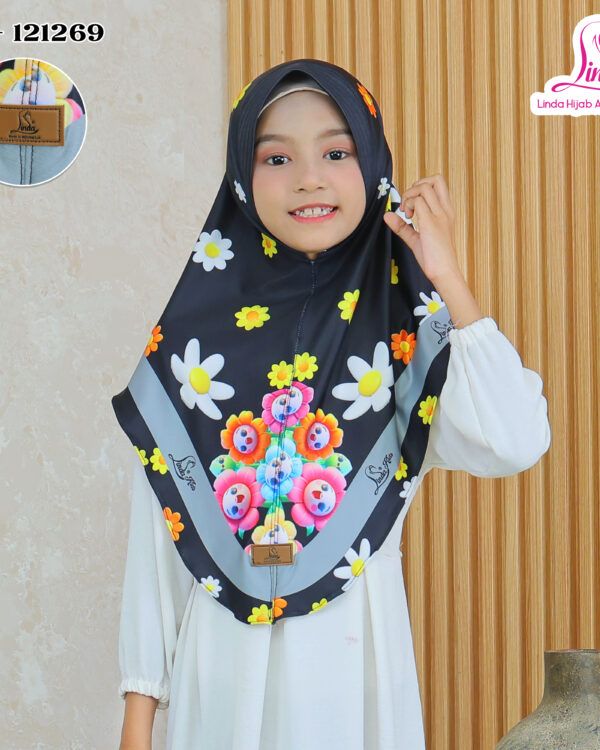 Girls' Instant Hijab -Style Khimar – Black Floral Print - Image 3