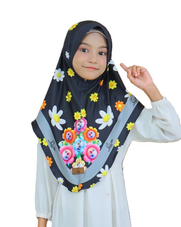 Girls' Instant Hijab -Style Khimar – Black Floral Print