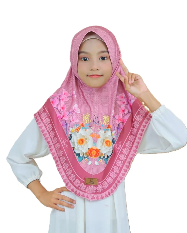 Girls' Instant Hijab Indonesian-Style Khimar – Dusty Pink Floral Bouquet Print