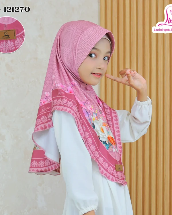 Girls' Instant Hijab Indonesian-Style Khimar – Dusty Pink Floral Bouquet Print - Image 4