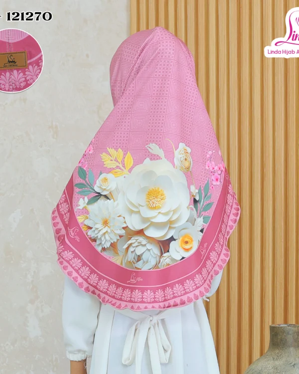 Girls' Instant Hijab Indonesian-Style Khimar – Dusty Pink Floral Bouquet Print - Image 3
