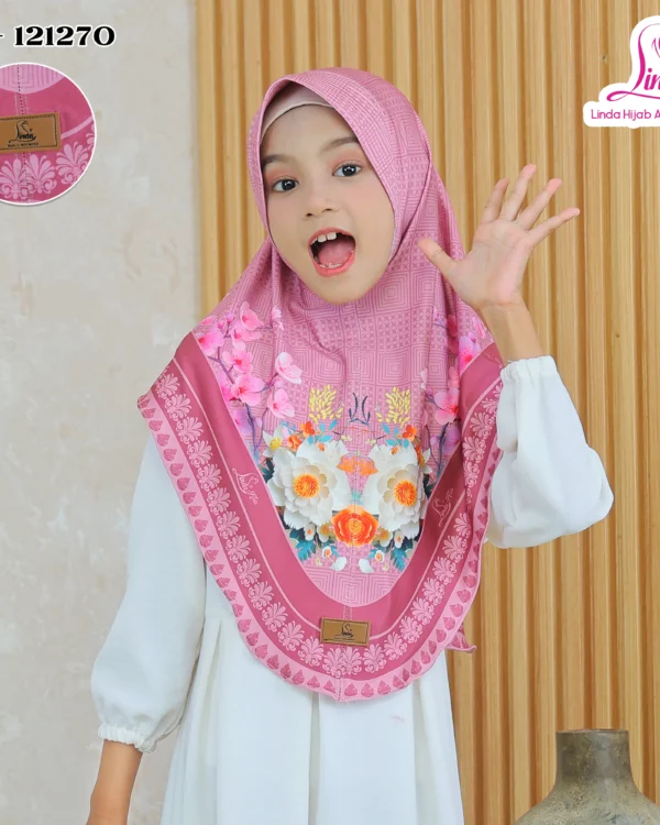Girls' Instant Hijab Indonesian-Style Khimar – Dusty Pink Floral Bouquet Print - Image 2