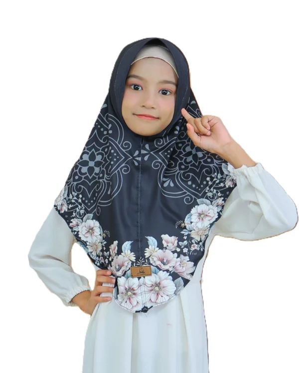 Indonesian Girls Hijab -Style Khimar – Navy Black Mandala & Floral Print