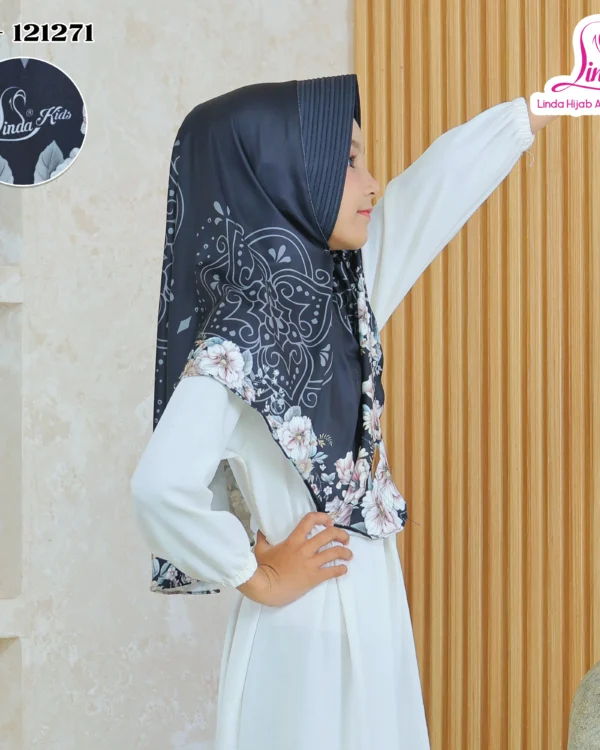 Indonesian Girls Hijab -Style Khimar – Navy Black Mandala & Floral Print - Image 4