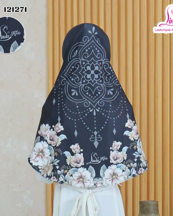 Indonesian Girls Hijab -Style Khimar – Navy Black Mandala & Floral Print - Image 3