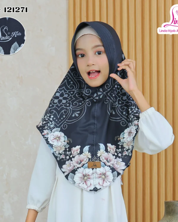 Indonesian Girls Hijab -Style Khimar – Navy Black Mandala & Floral Print - Image 2